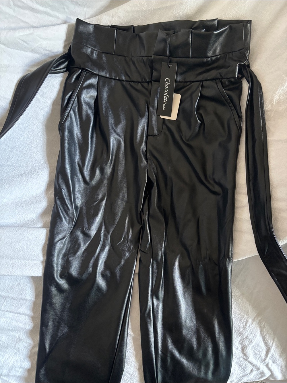 Chocolate USA Faux Leather Paperbag Waist Tapered Pants